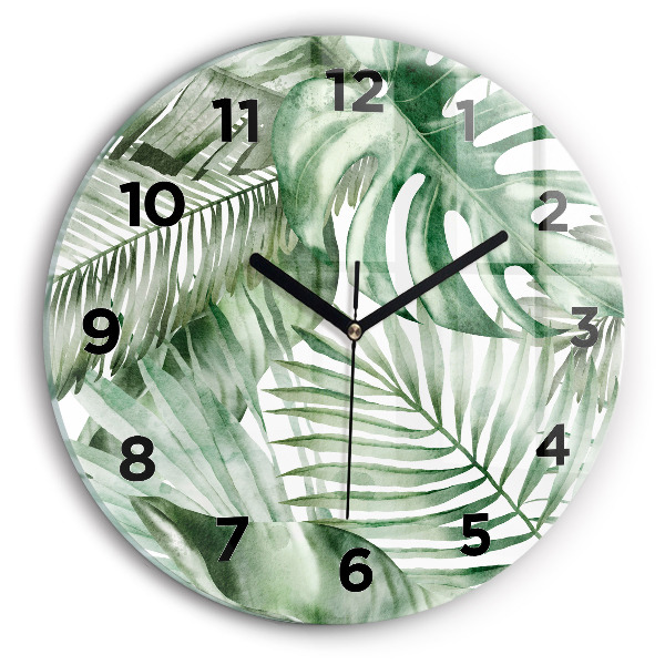 Round glass wall clock Painted plant leaves