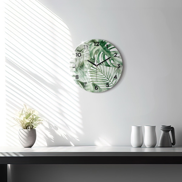 Round glass wall clock Painted plant leaves