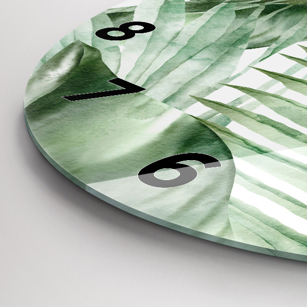 Round glass wall clock Painted plant leaves