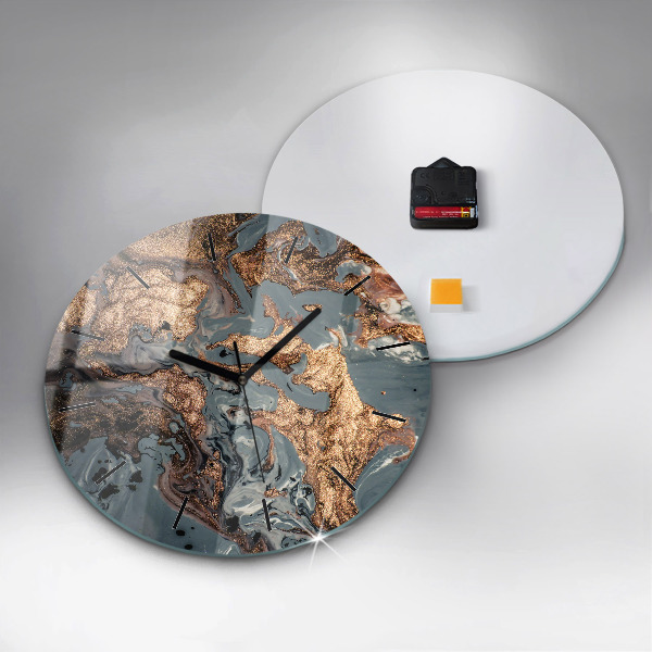 Round glass wall clock Marble gold abstract