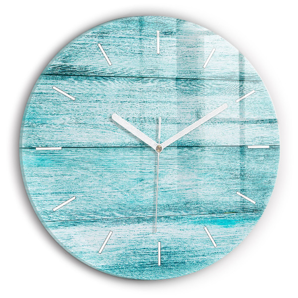 Round glass wall clock Blue old wood