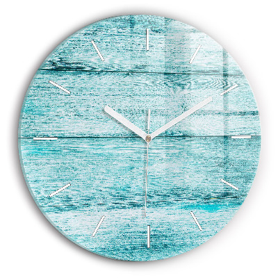 Round glass wall clock Blue old wood