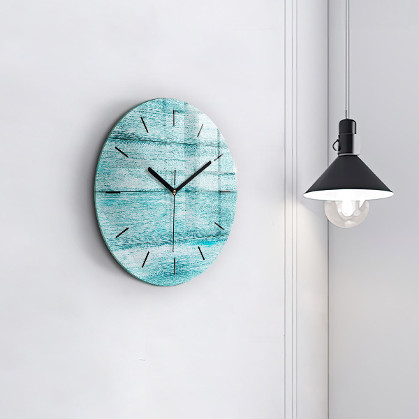 Round glass wall clock Blue old wood