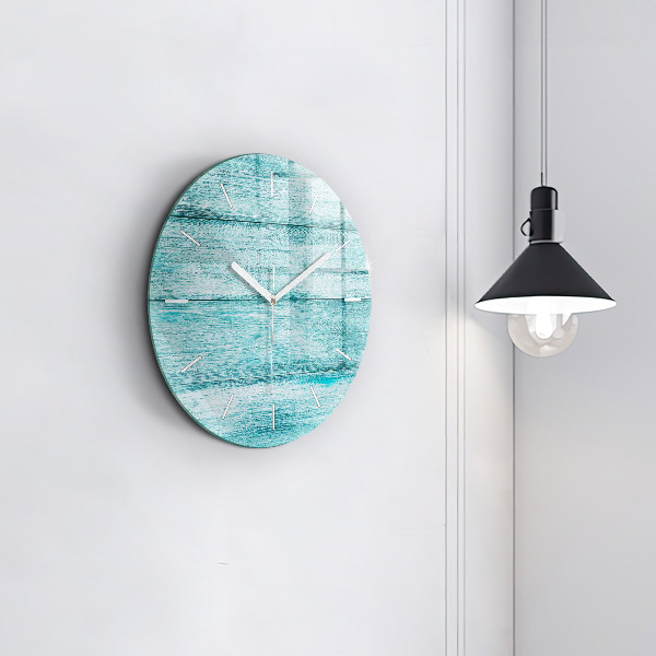 Round glass wall clock Blue old wood