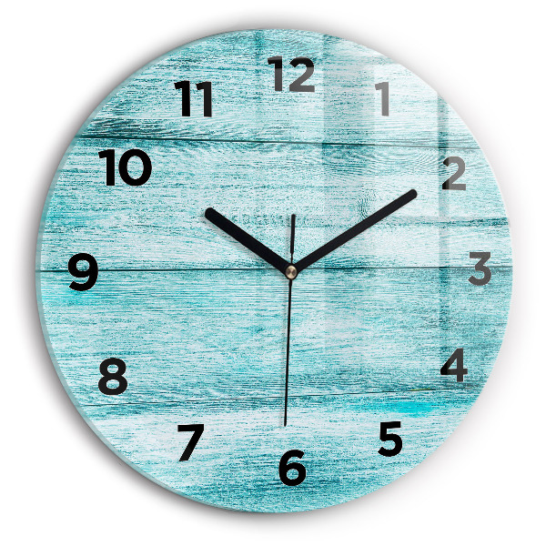 Round glass wall clock Blue old wood