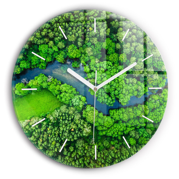 Round glass wall clock River in the forest