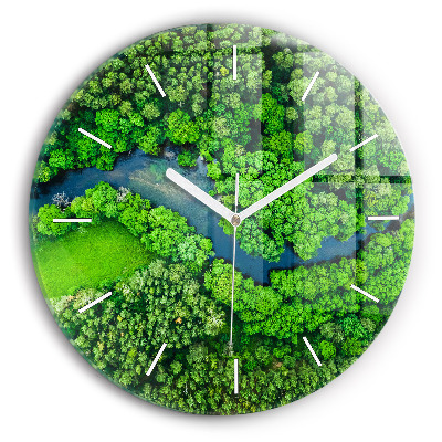 Round glass wall clock River in the forest