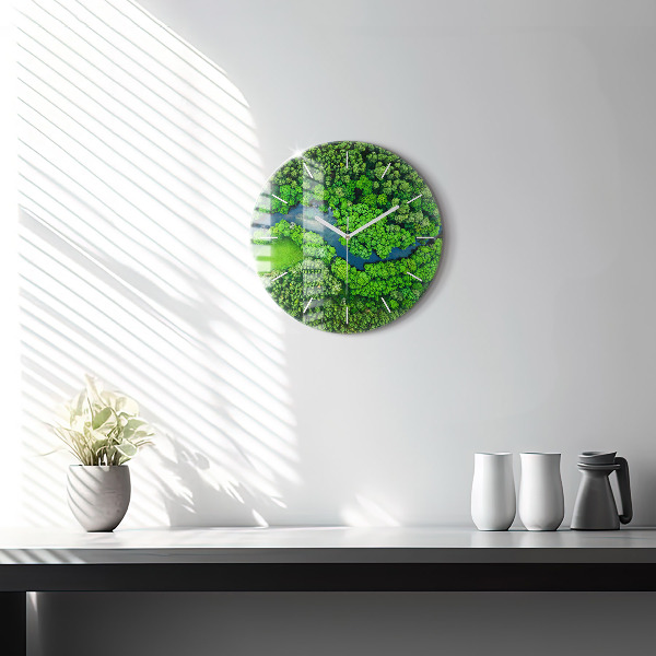 Round glass wall clock River in the forest