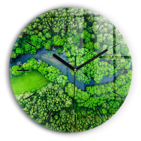 Round glass wall clock River in the forest