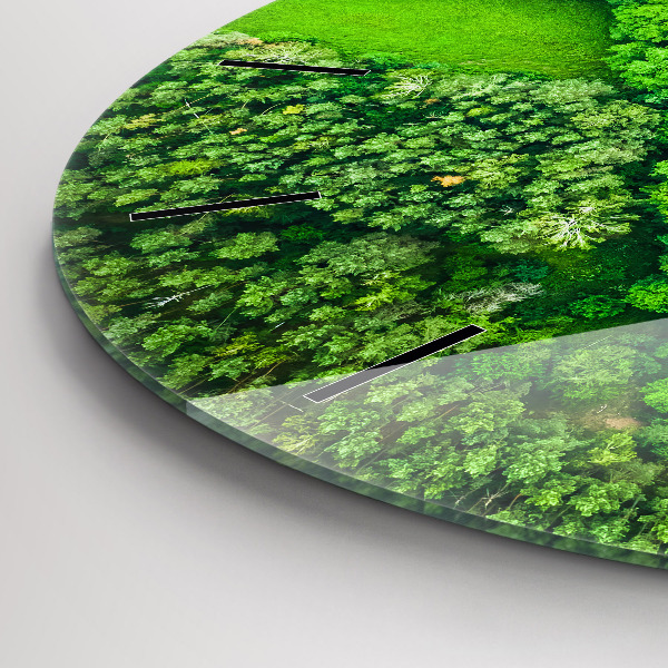 Round glass wall clock River in the forest