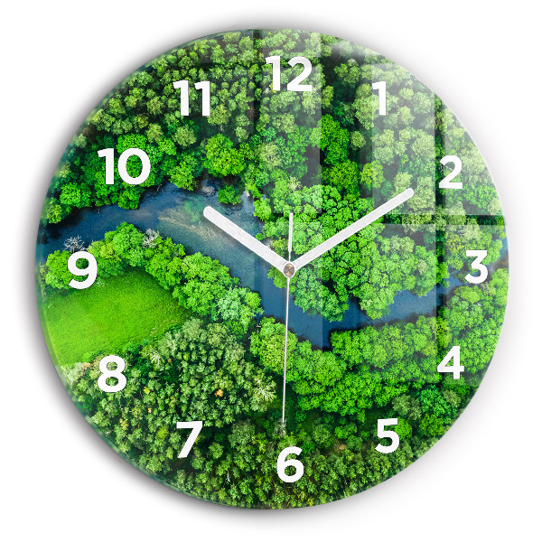 Round glass wall clock River in the forest