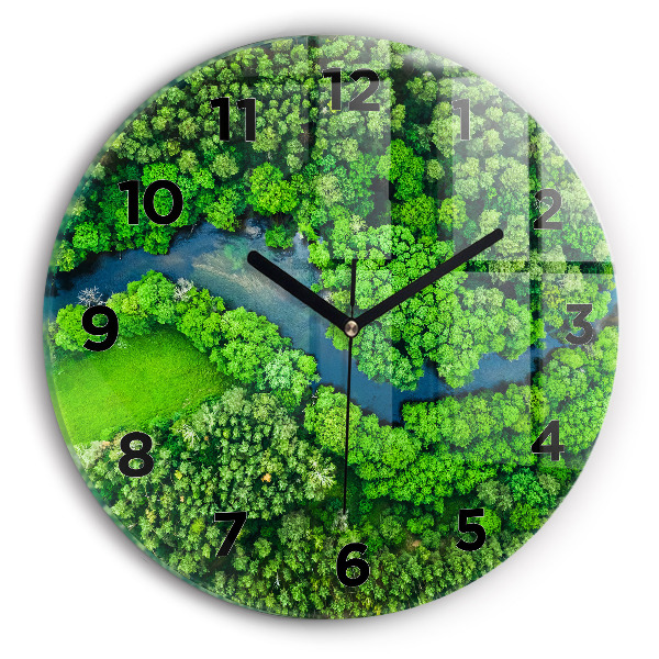Round glass wall clock River in the forest