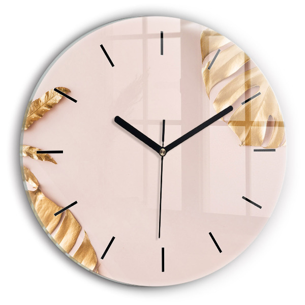 Round glass wall clock Golden tropical leaves