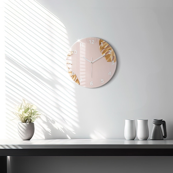 Round glass wall clock Golden tropical leaves