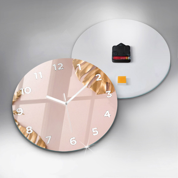 Round glass wall clock Golden tropical leaves