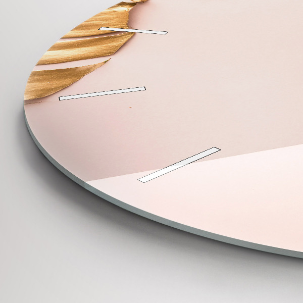 Round glass wall clock Golden tropical leaves