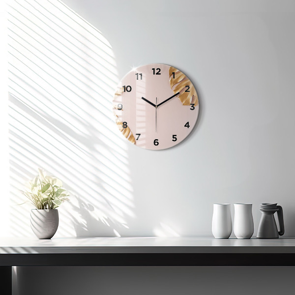 Round glass wall clock Golden tropical leaves