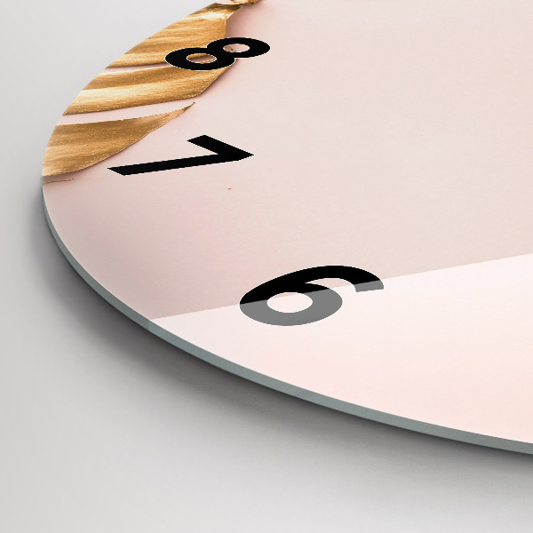 Round glass wall clock Golden tropical leaves