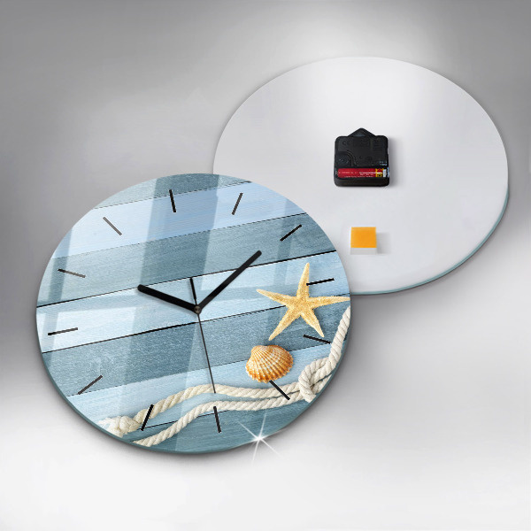 Round glass wall clock Boards stripes and shell