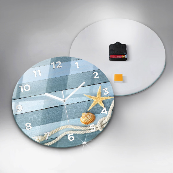 Round glass wall clock Boards stripes and shell