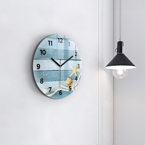 Round glass wall clock Boards stripes and shell