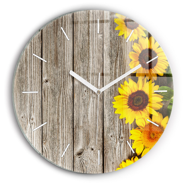 Round glass wall clock Sunflowers on boards