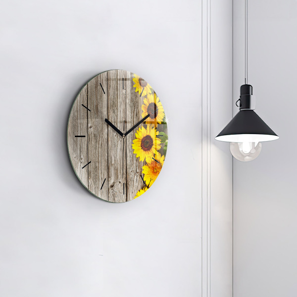 Round glass wall clock Sunflowers on boards
