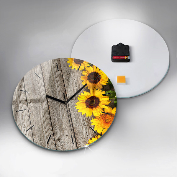 Round glass wall clock Sunflowers on boards