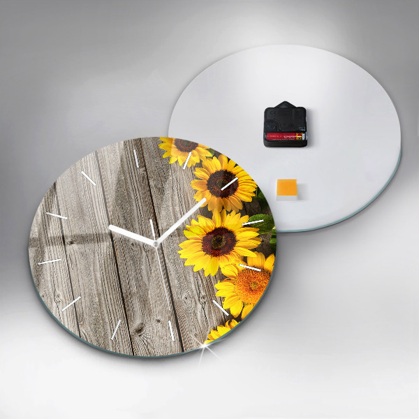 Round glass wall clock Sunflowers on boards