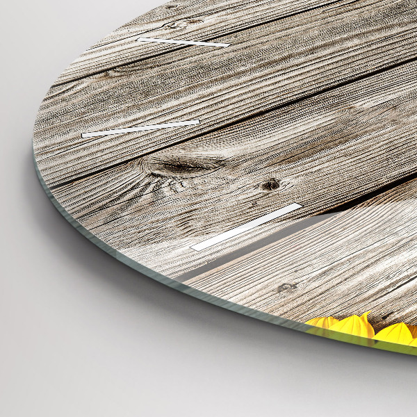 Round glass wall clock Sunflowers on boards