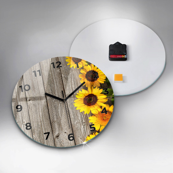 Round glass wall clock Sunflowers on boards