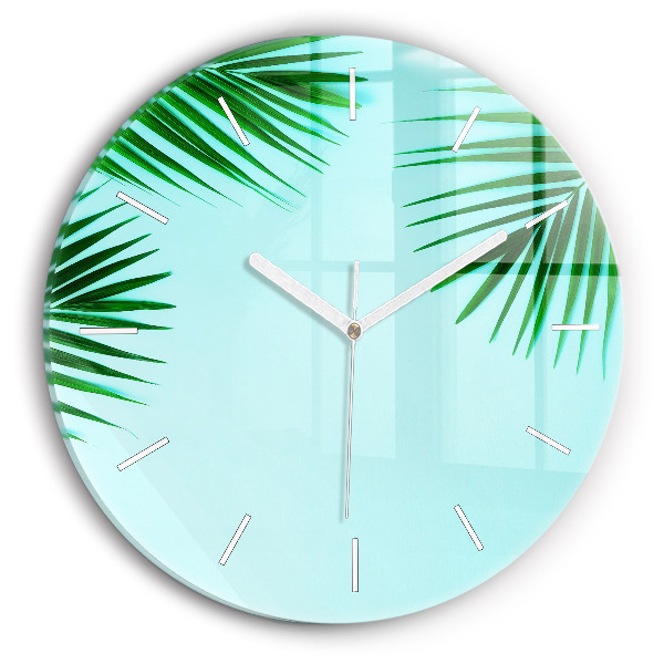 Round glass wall clock Green palm trees