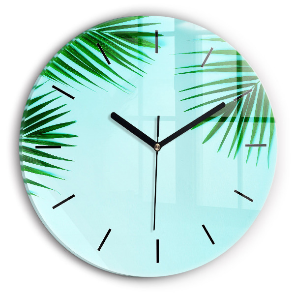 Round glass wall clock Green palm trees