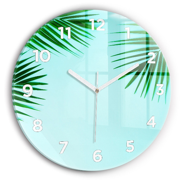 Round glass wall clock Green palm trees