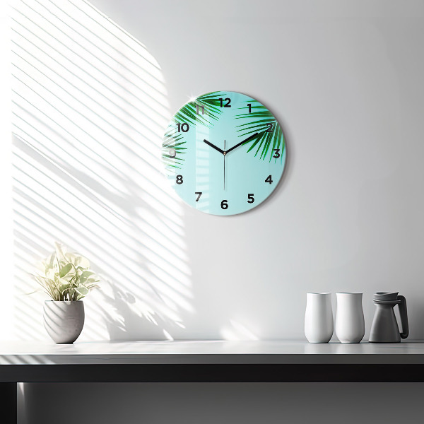 Round glass wall clock Green palm trees