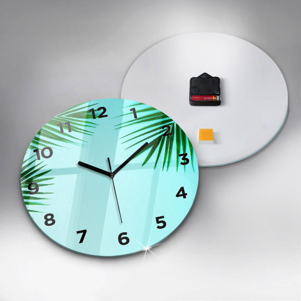 Round glass wall clock Green palm trees