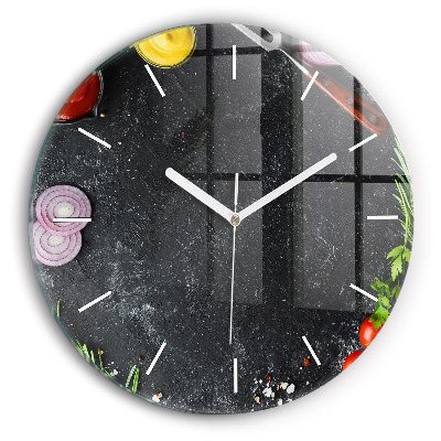 Round glass wall clock Vegetables on the table