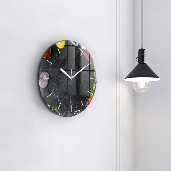 Round glass wall clock Vegetables on the table