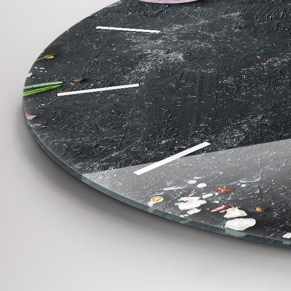 Round glass wall clock Vegetables on the table