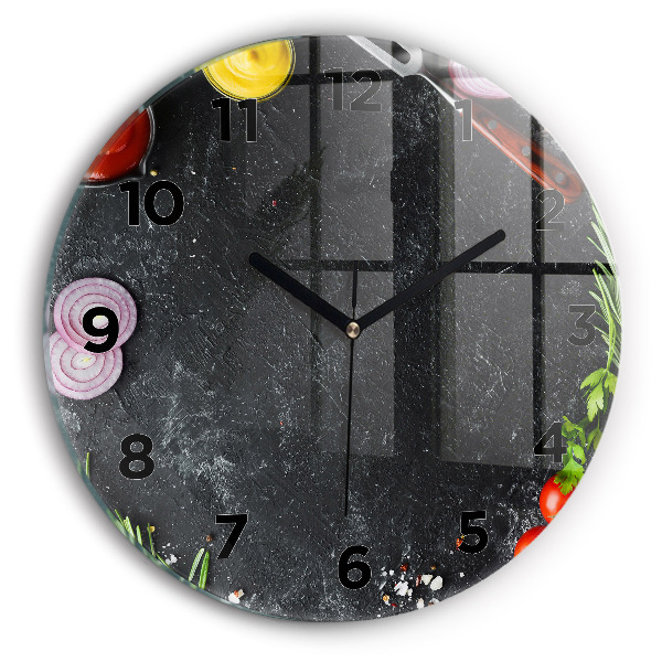 Round glass wall clock Vegetables on the table