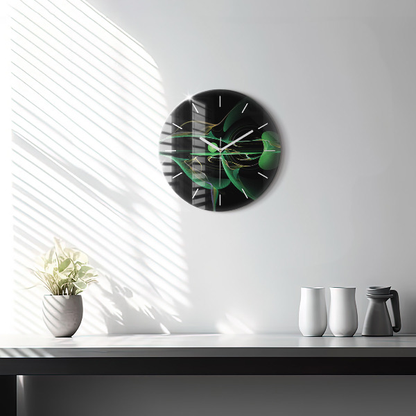 Round glass wall clock Green abstraction