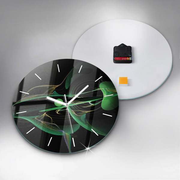 Round glass wall clock Green abstraction