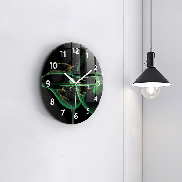 Round glass wall clock Green abstraction