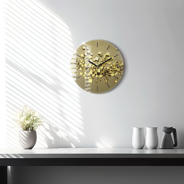 Round glass wall clock Golden squares