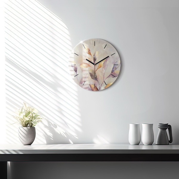 Round glass wall clock Abstract boho leaves
