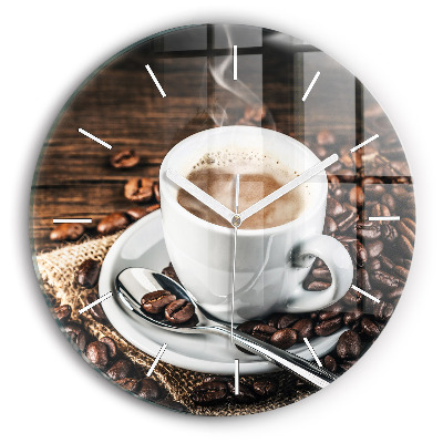 Round glass wall clock Cup and coffee beans