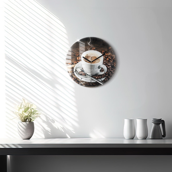 Round glass wall clock Cup and coffee beans