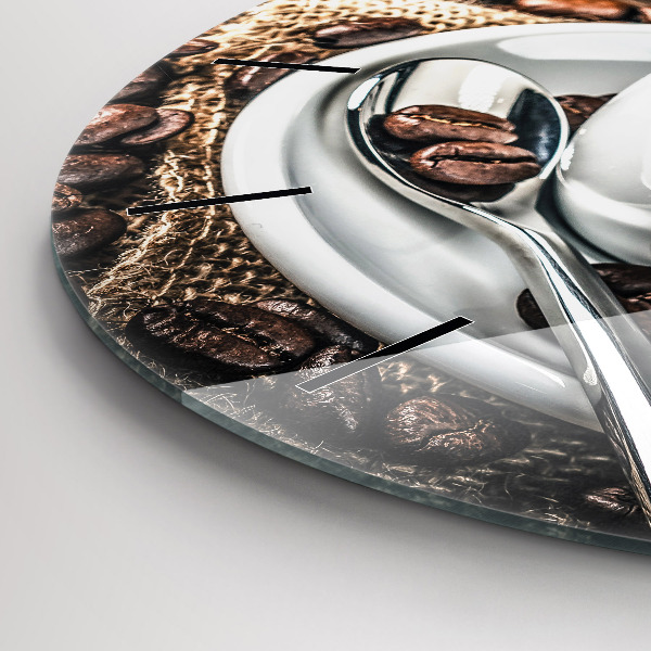 Round glass wall clock Cup and coffee beans