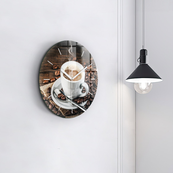 Round glass wall clock Cup and coffee beans