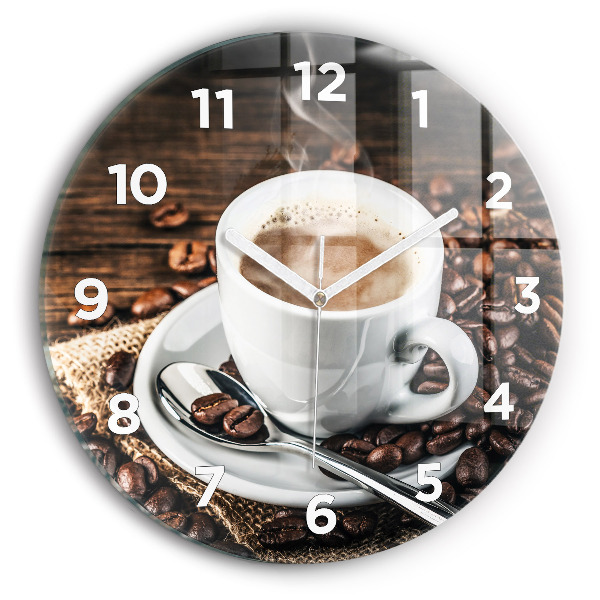 Round glass wall clock Cup and coffee beans